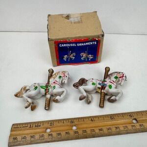 2 Vtg Christmas Around the World Carousel Horse Ornaments Ceramic w Orig Box